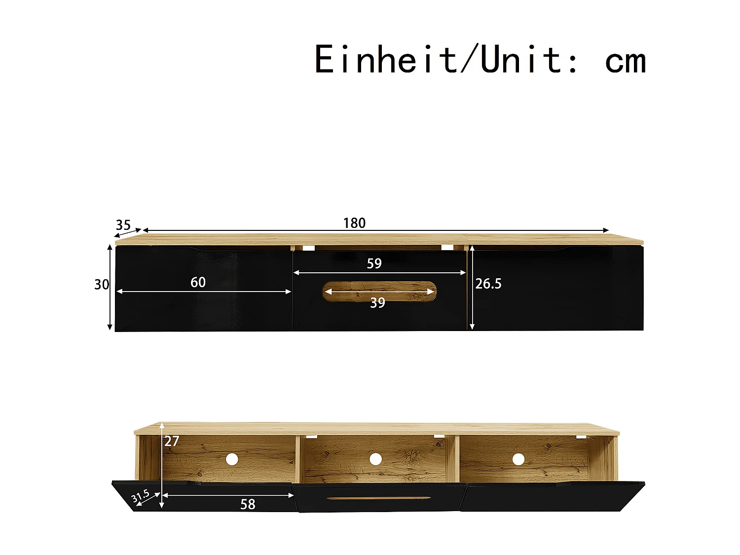 Mobile TV 180x35x30 cm - finitura lucida - con illuminazione LED 16 colori - montaggio a parete - nero + naturale