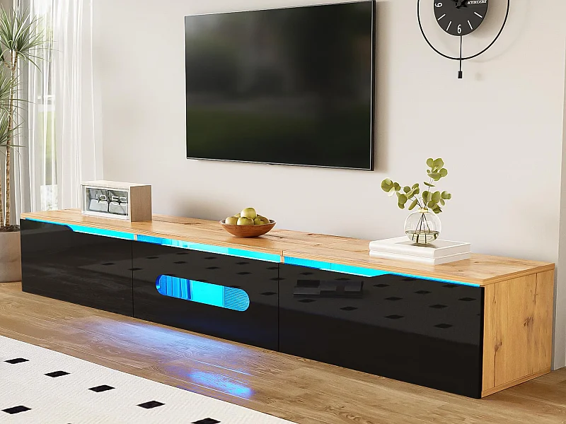 Móvel para TV 180x35x30 cm - acabamento brilhante - com iluminação LED 16 cores - montagem em parede - preto + natural