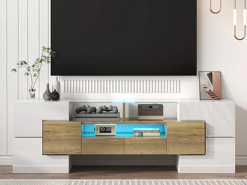 Meuble TV 145x30x51 cm - avec éclairage LED - avec 4 portes - 2 tiroirs - étagères - blanc+naturel