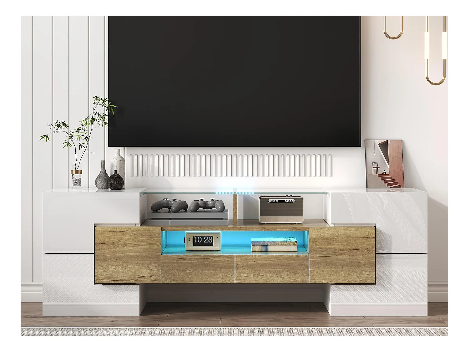 Meuble TV 145x30x51 cm - avec éclairage LED - avec 4 portes - 2 tiroirs - étagères - blanc+naturel