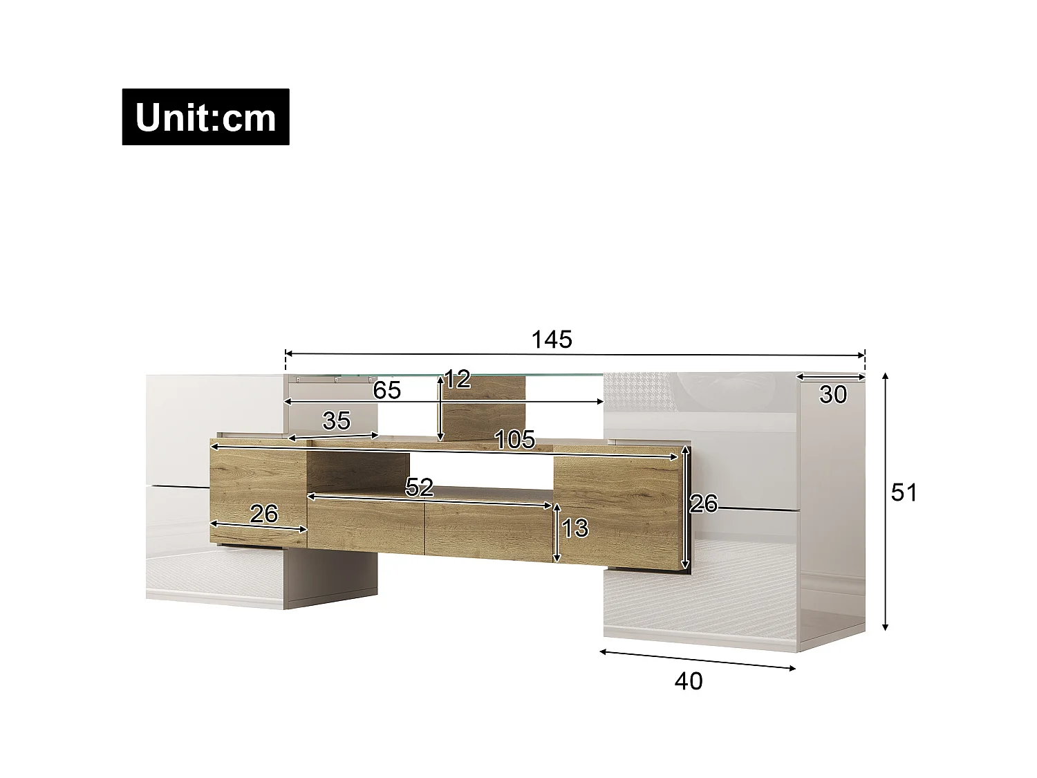 Meuble TV 145x30x51 cm - avec éclairage LED - avec 4 portes - 2 tiroirs - étagères - blanc+naturel