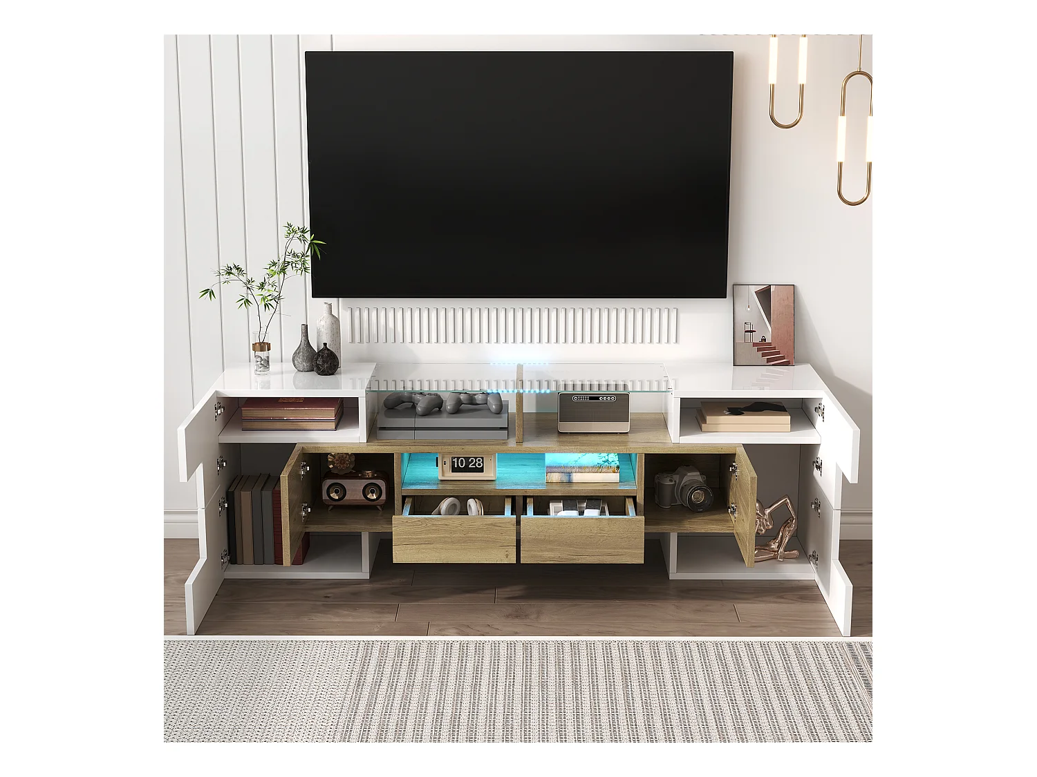 Meuble TV 145x30x51 cm - avec éclairage LED - avec 4 portes - 2 tiroirs - étagères - blanc+naturel
