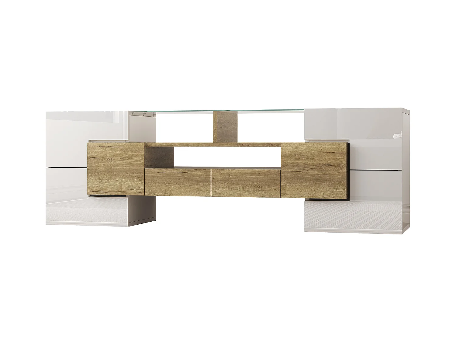 Meuble TV 145x30x51 cm - avec éclairage LED - avec 4 portes - 2 tiroirs - étagères - blanc+naturel