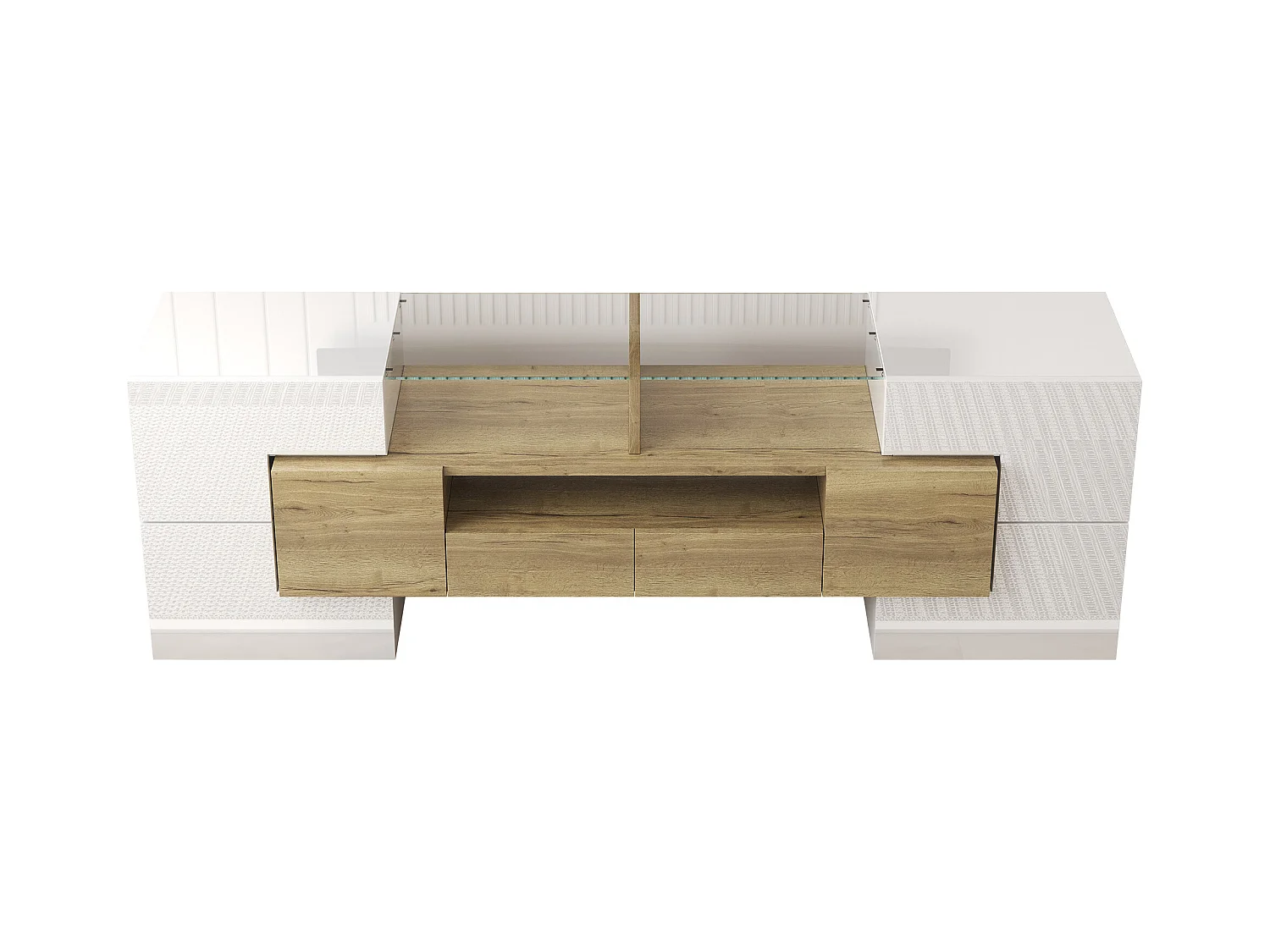 Meuble TV 145x30x51 cm - avec éclairage LED - avec 4 portes - 2 tiroirs - étagères - blanc+naturel