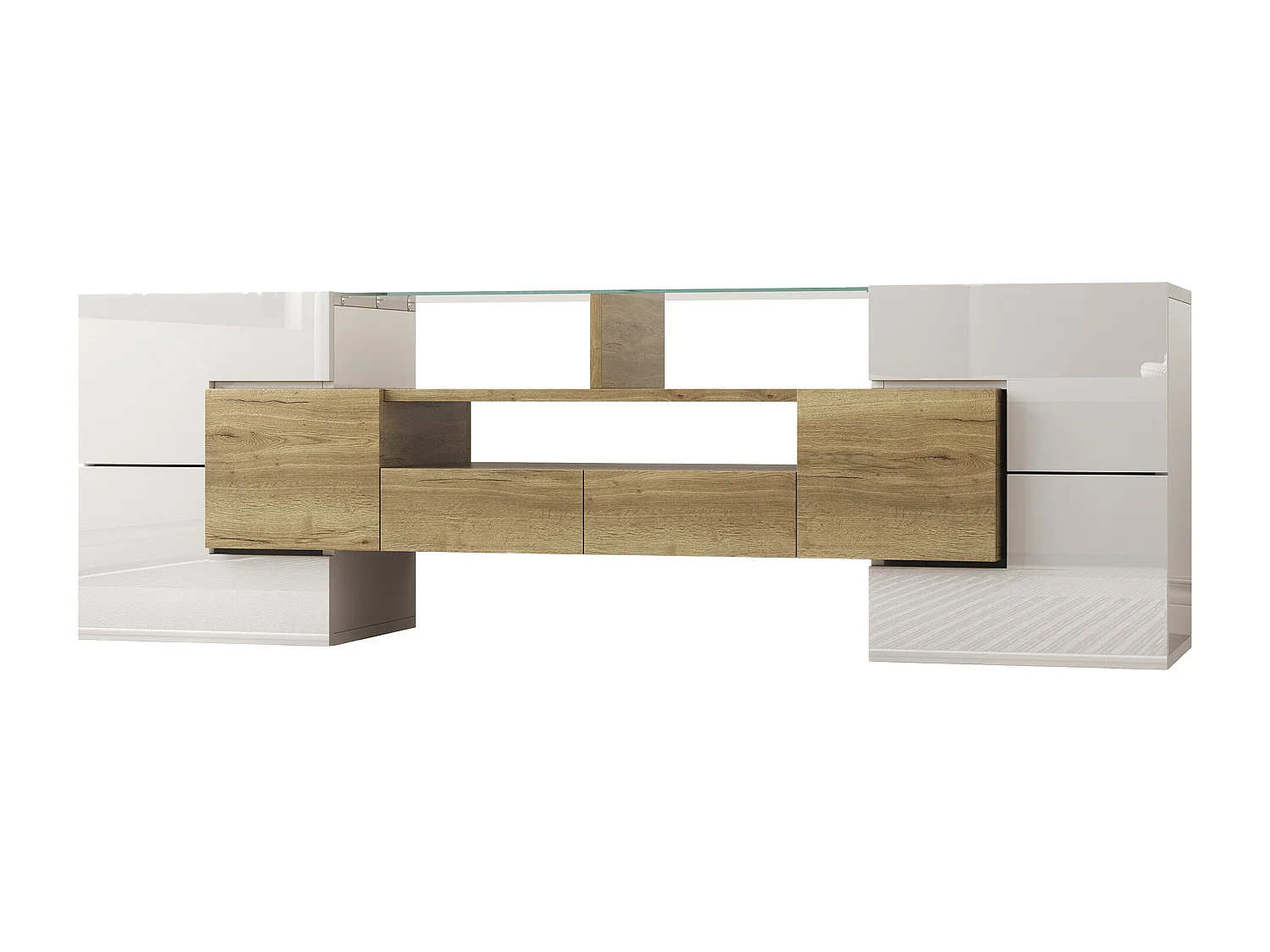 TV-meubel 145x30x51 cm - met LED-verlichting - 4 deuren - 2 laden - planken - wit+naturel