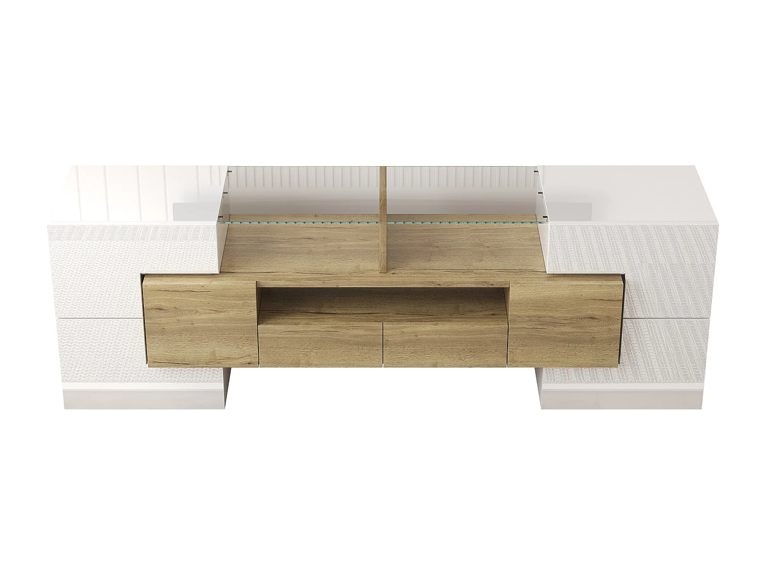 TV-meubel 145x30x51 cm - met LED-verlichting - 4 deuren - 2 laden - planken - wit+naturel