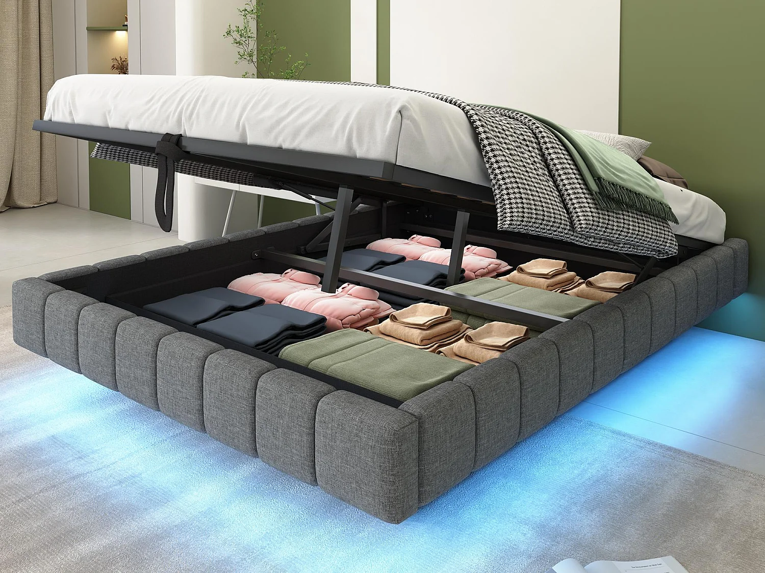 Lit coffre rembourré 140x200 cm - sans tête de lit - avec éclairage LED - lin - gris (matelas non inclus)