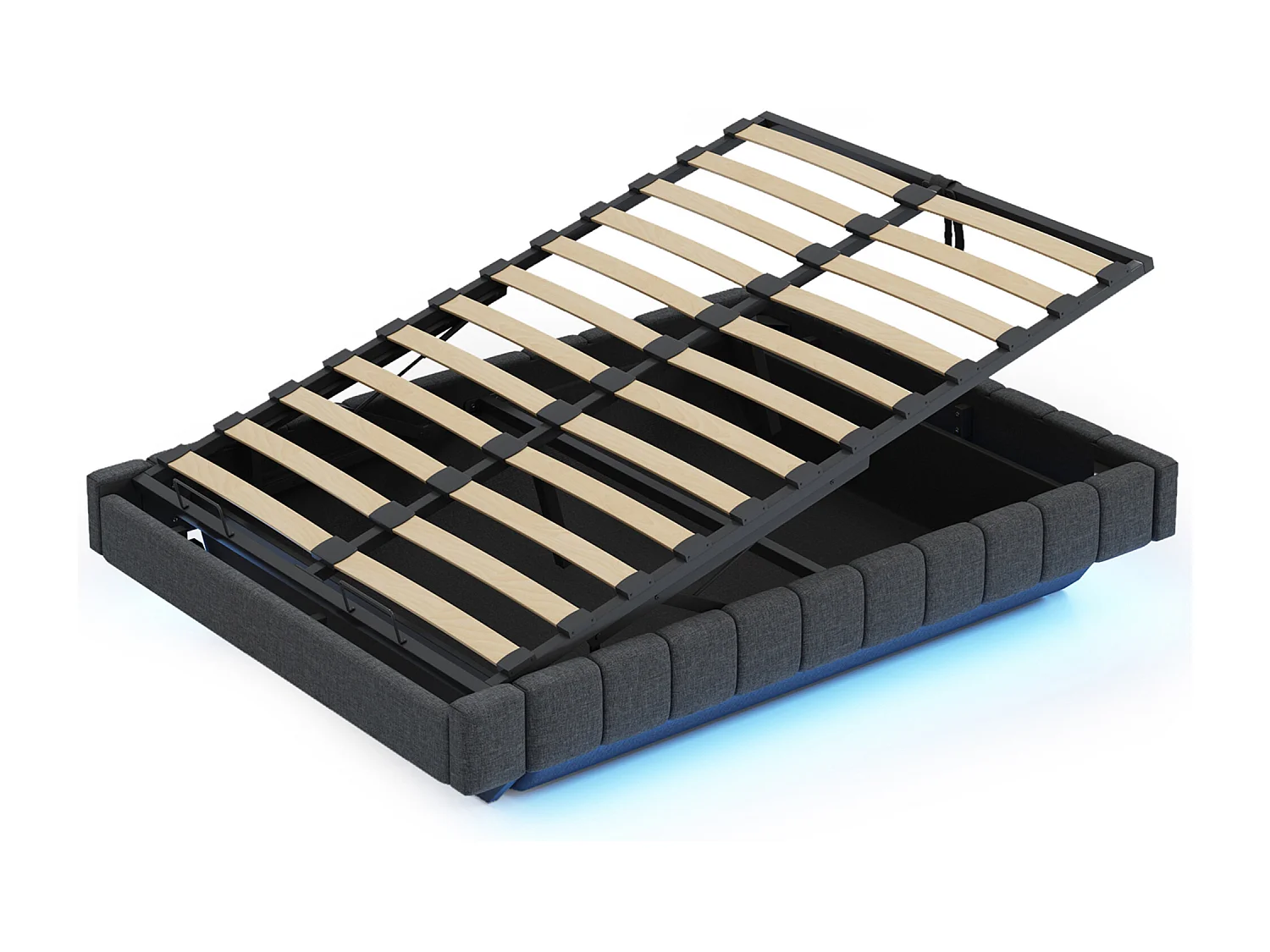 Lit coffre rembourré 140x200 cm - sans tête de lit - avec éclairage LED - lin - gris (matelas non inclus)