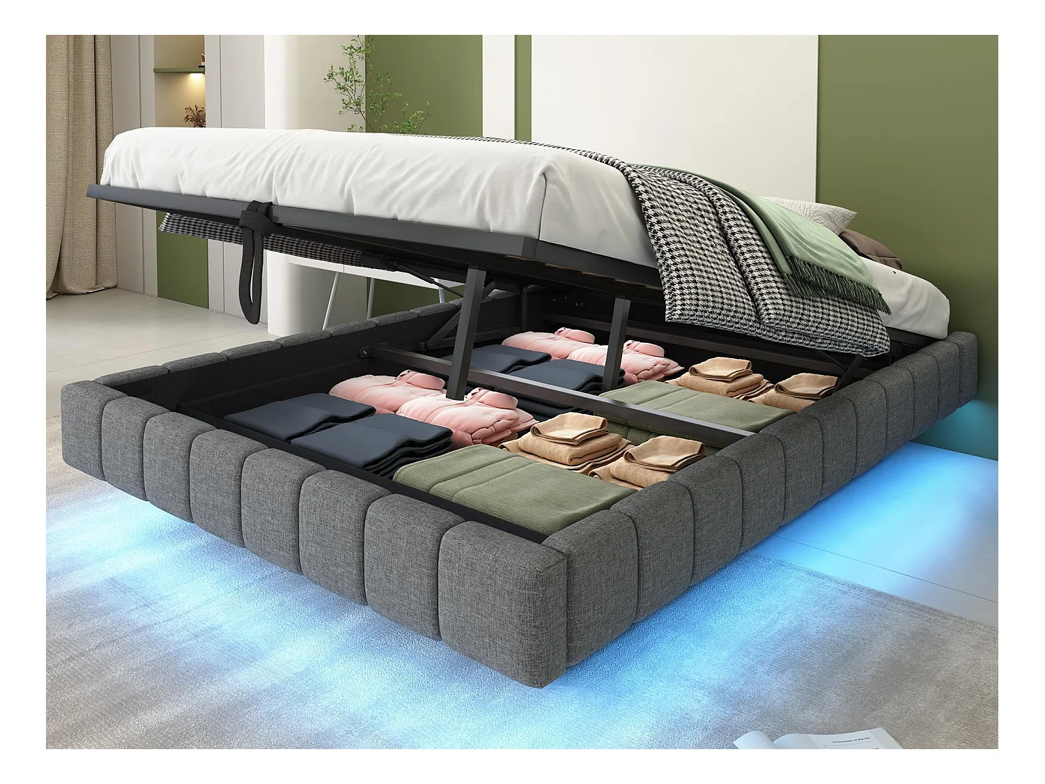 Lit coffre rembourré 140x200 cm - sans tête de lit - avec éclairage LED - lin - gris (matelas non inclus)