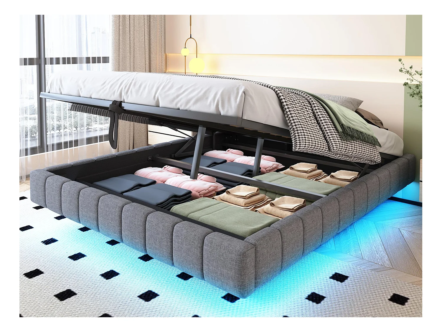 Lit coffre rembourré 160x200 cm - sans tête de lit - avec éclairage LED - lin - gris (matelas non inclus)