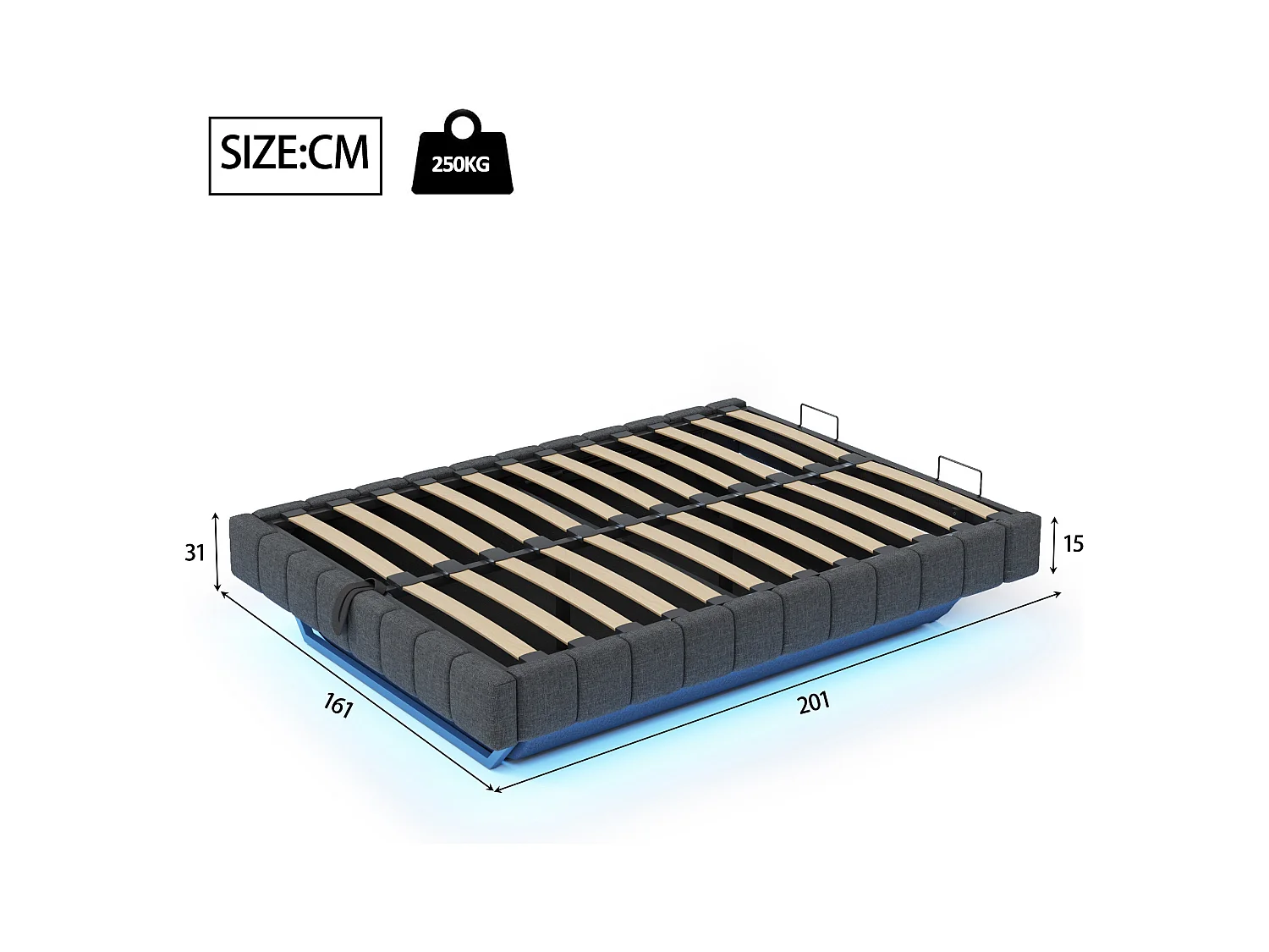 Lit coffre rembourré 160x200 cm - sans tête de lit - avec éclairage LED - lin - gris (matelas non inclus)