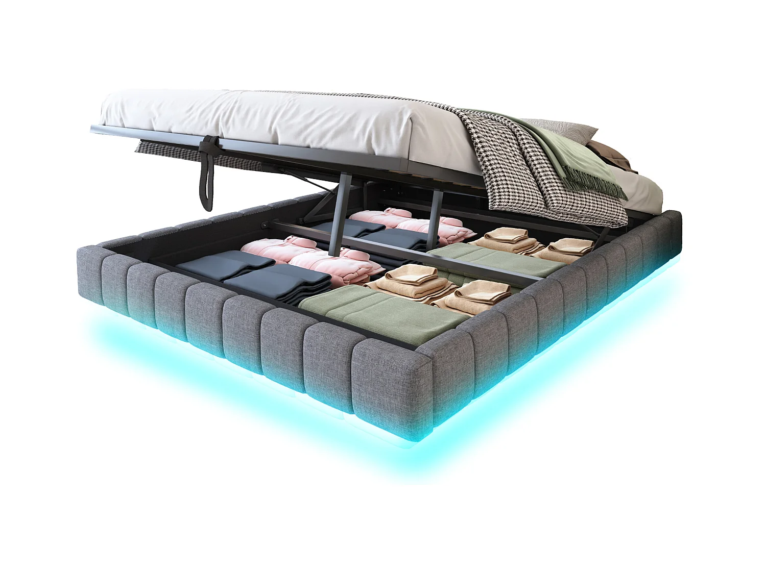 Lit coffre rembourré 160x200 cm - sans tête de lit - avec éclairage LED - lin - gris (matelas non inclus)