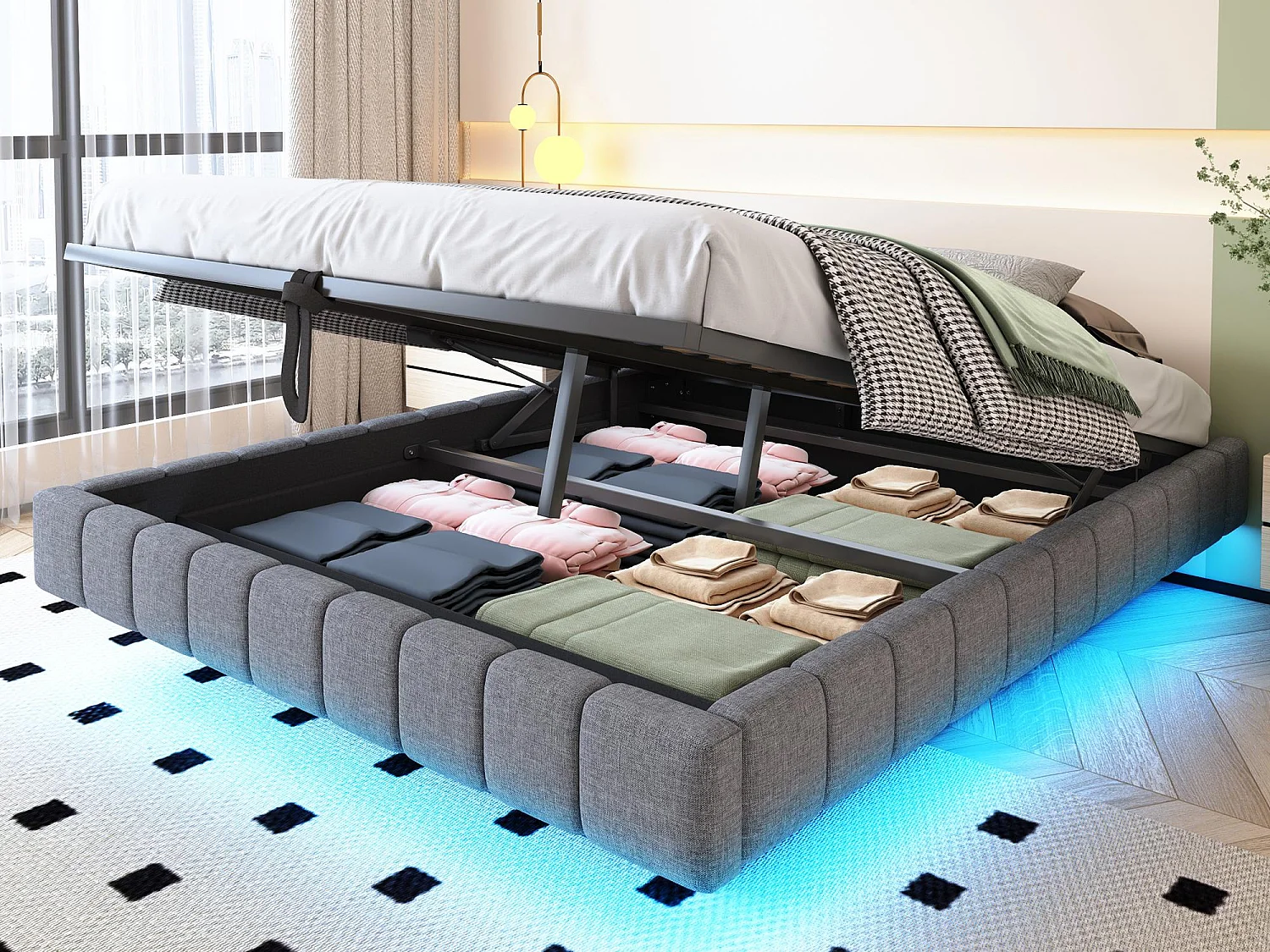 Gepolstertes Bett mit Stauraum 160x200 cm - ohne Kopfteil - mit LED-Beleuchtung - Leinen - grau (Matratze nicht im Lieferumfang)