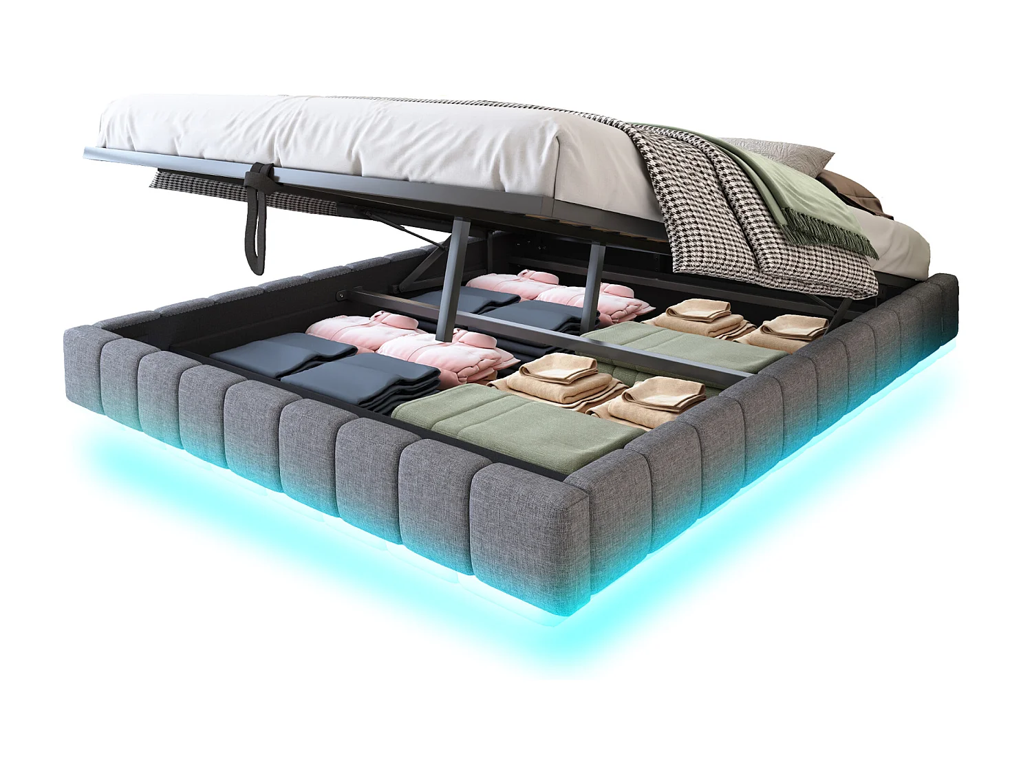 Gepolstertes Bett mit Stauraum 160x200 cm - ohne Kopfteil - mit LED-Beleuchtung - Leinen - grau (Matratze nicht im Lieferumfang)