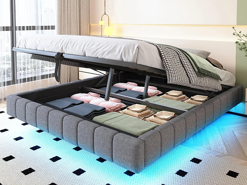 Lit coffre rembourré 160x200 cm - sans tête de lit - avec éclairage LED - lin - gris (matelas non inclus)