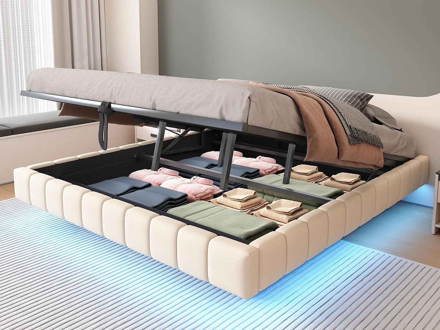 Lit coffre rembourré 180x200 cm - sans tête de lit - avec éclairage LED - lin - beige (matelas non inclus)