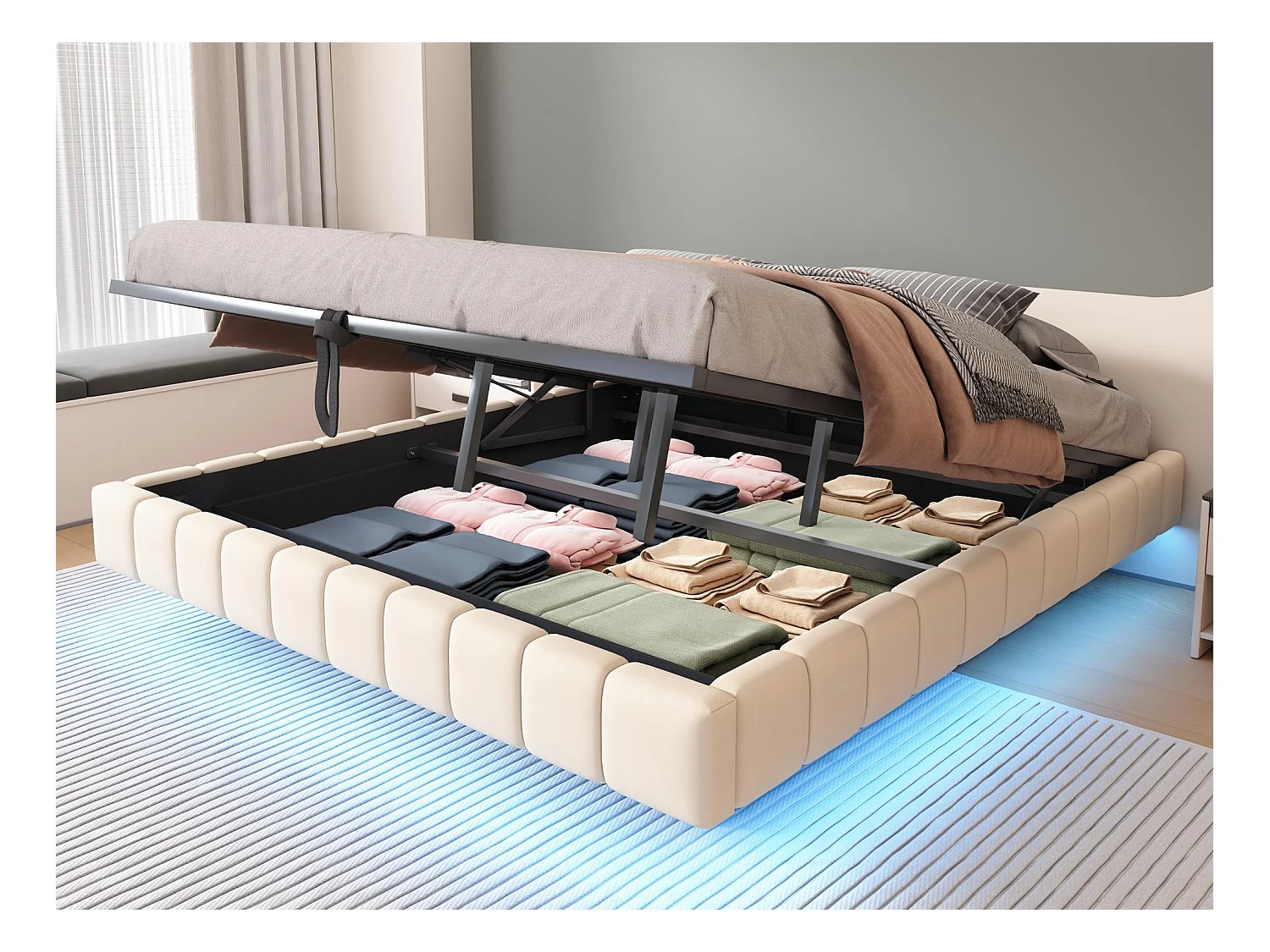 Lit coffre rembourré 180x200 cm - sans tête de lit - avec éclairage LED - lin - beige (matelas non inclus)