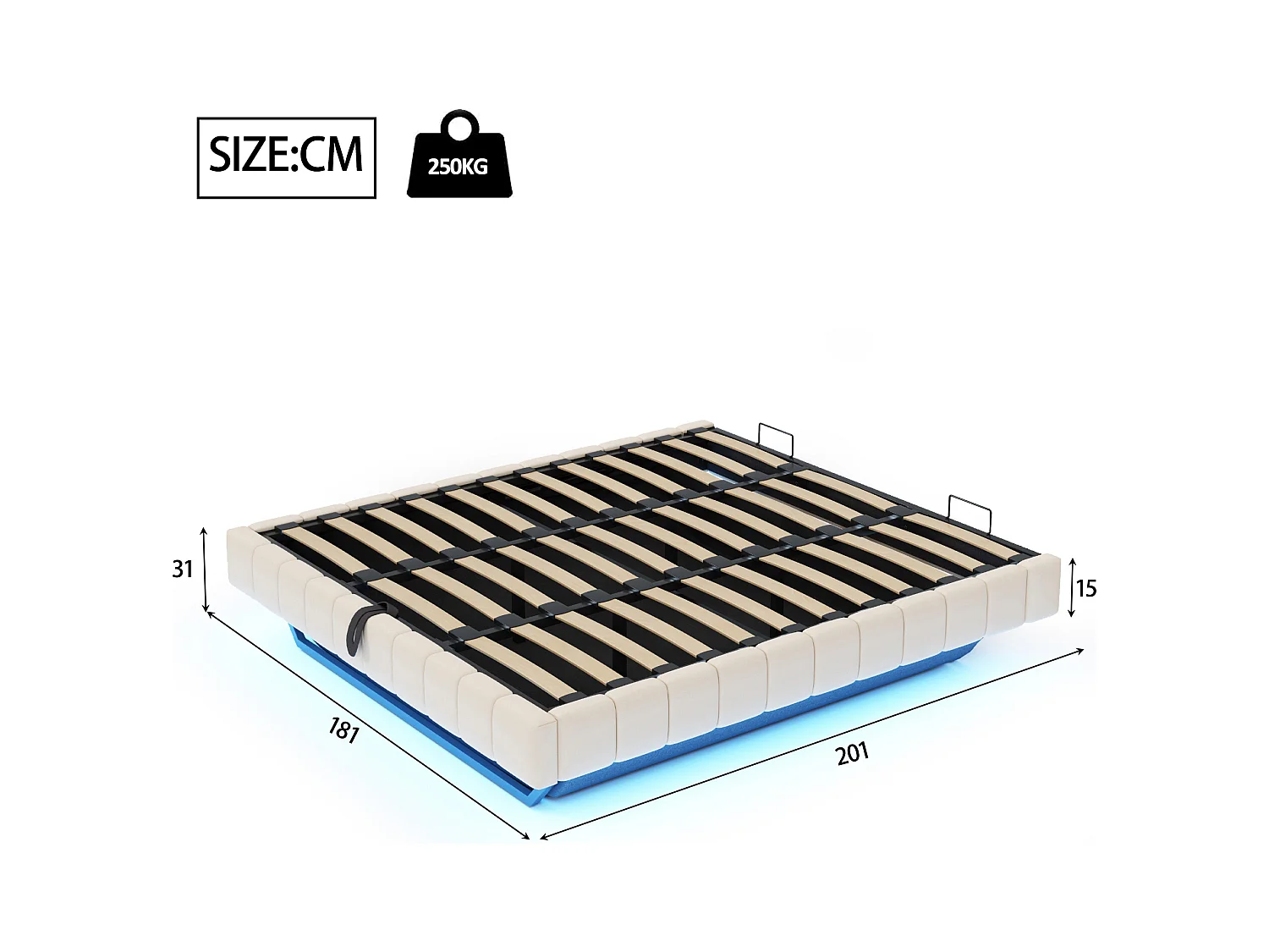 Lit coffre rembourré 180x200 cm - sans tête de lit - avec éclairage LED - lin - beige (matelas non inclus)