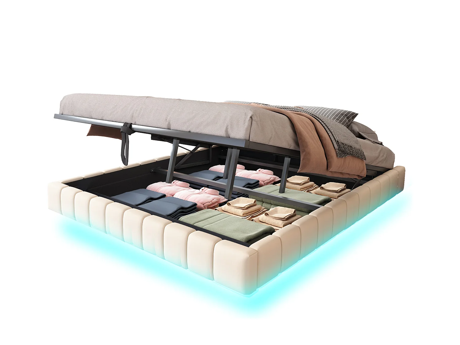 Gepolstertes Bett mit Stauraum 180x200 cm - ohne Kopfteil - mit LED-Beleuchtung - Leinen - beige (Matratze nicht im Lieferumfang)