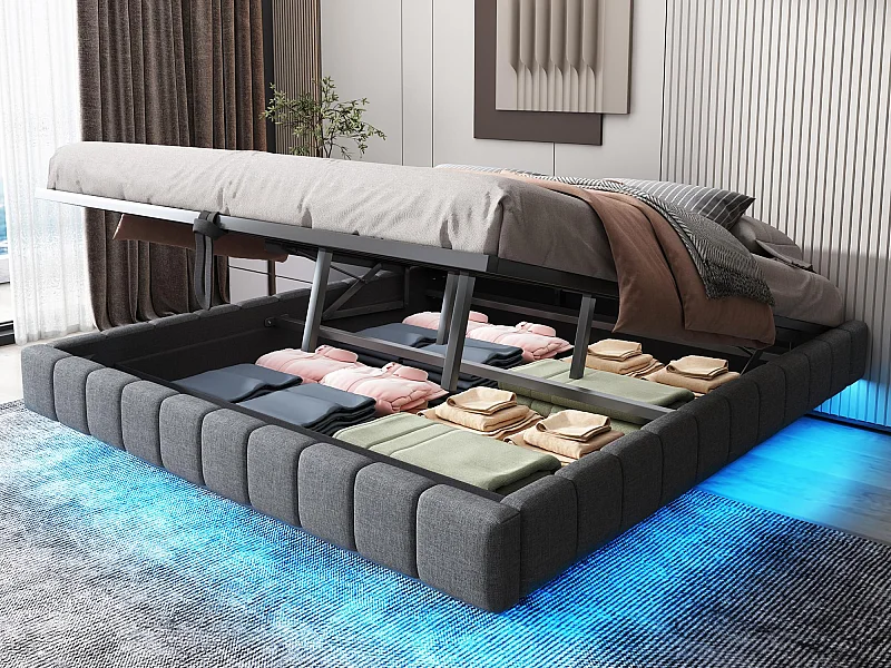 Lit coffre rembourré 180x200 cm - sans tête de lit - avec éclairage LED - lin - gris (matelas non inclus)
