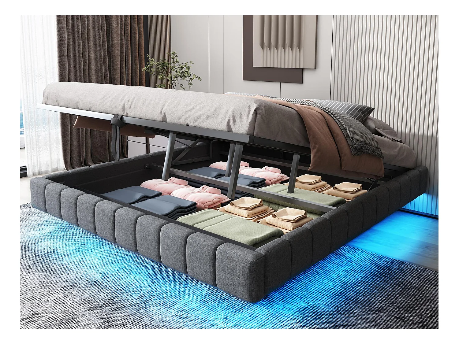 Lit coffre rembourré 180x200 cm - sans tête de lit - avec éclairage LED - lin - gris (matelas non inclus)