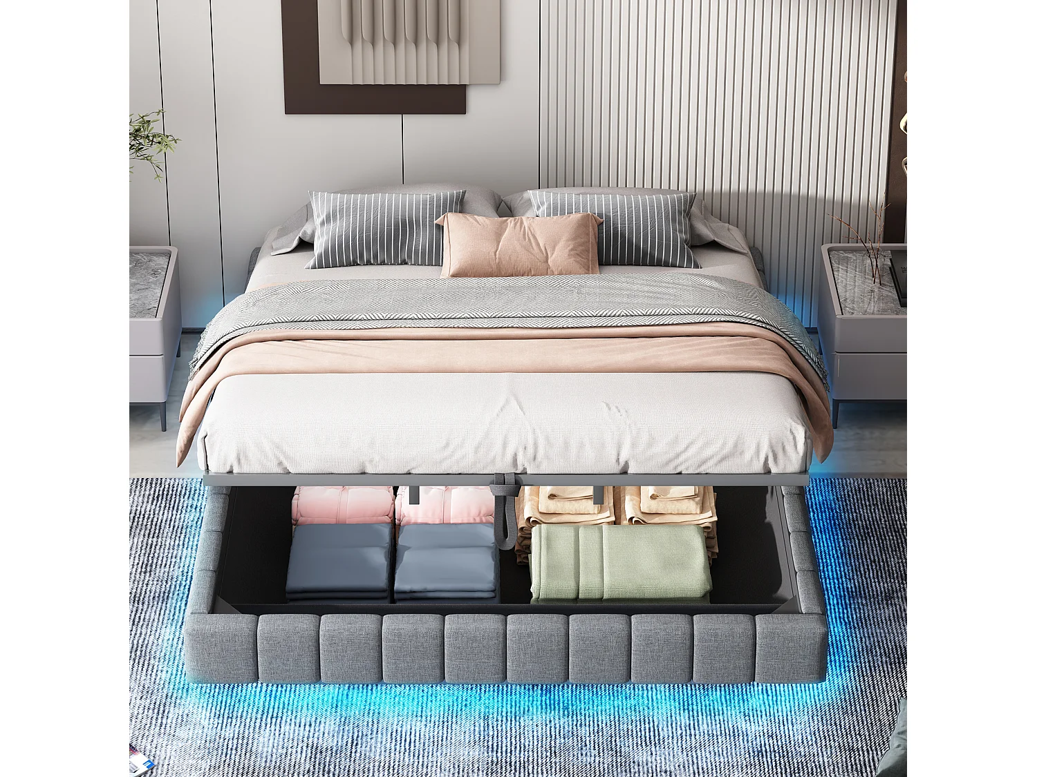 Lit coffre rembourré 180x200 cm - sans tête de lit - avec éclairage LED - lin - gris (matelas non inclus)