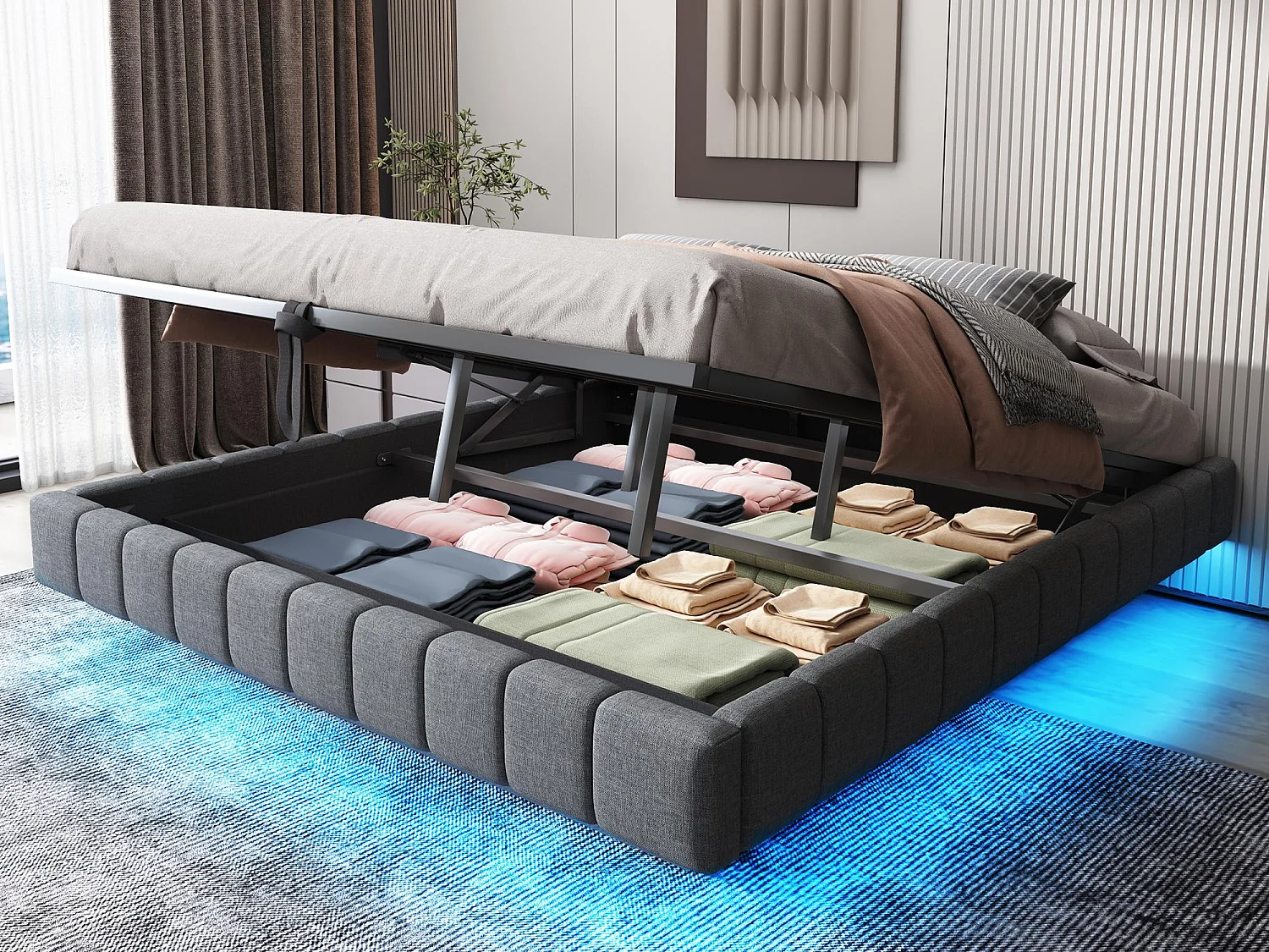 Gestoeld opbergbed 180x200 cm - zonder hoofdeinde - met LED-verlichting - linnen - grijs (matras niet inbegrepen)