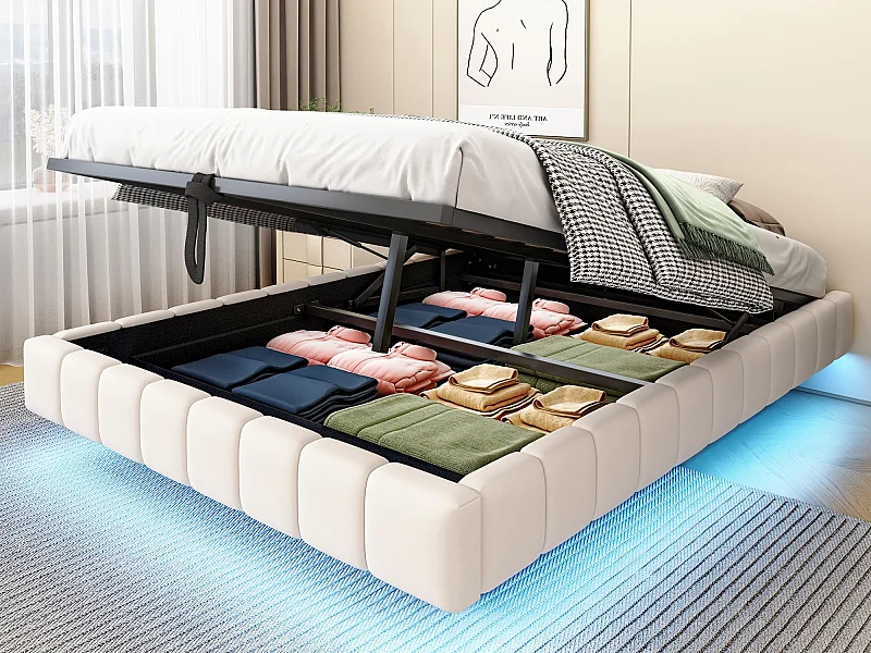 Letto imbottito con contenitore 140x200 cm - senza testiera - con illuminazione LED - lino - beige (materasso non incluso)