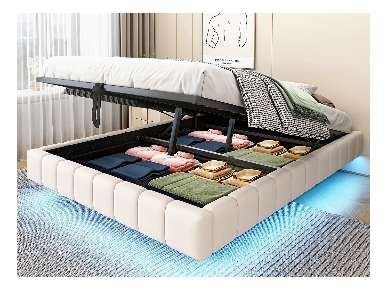 Lit coffre rembourré 140x200 cm - sans tête de lit - avec éclairage LED - lin - beige (matelas non inclus)