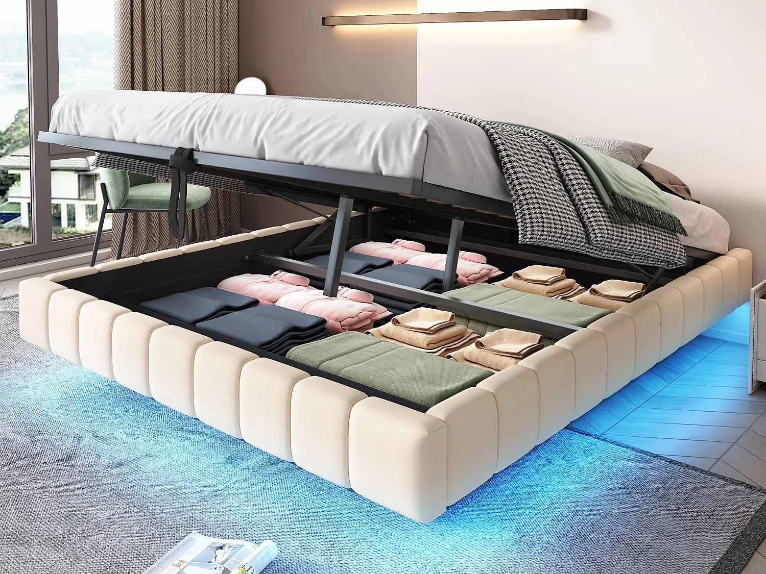 Lit coffre rembourré 160x200 cm - sans tête de lit - avec éclairage LED - lin - beige (matelas non inclus)