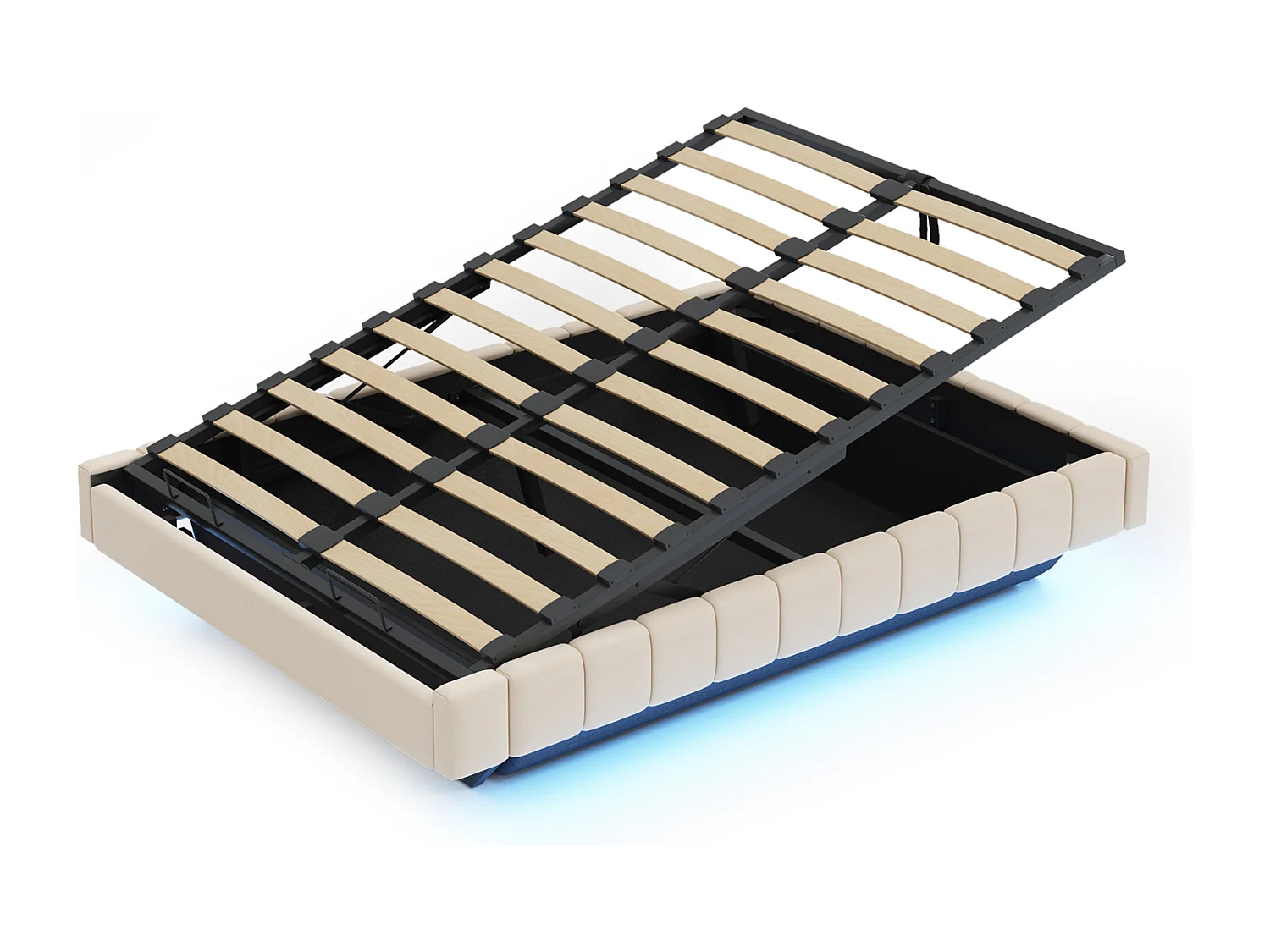 Lit coffre rembourré 160x200 cm - sans tête de lit - avec éclairage LED - lin - beige (matelas non inclus)