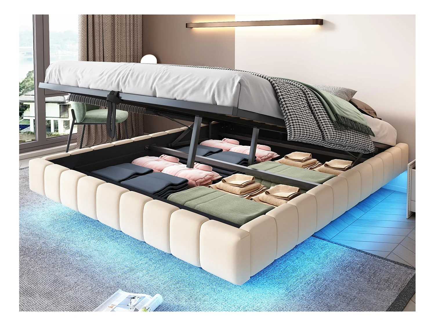 Lit coffre rembourré 160x200 cm - sans tête de lit - avec éclairage LED - lin - beige (matelas non inclus)