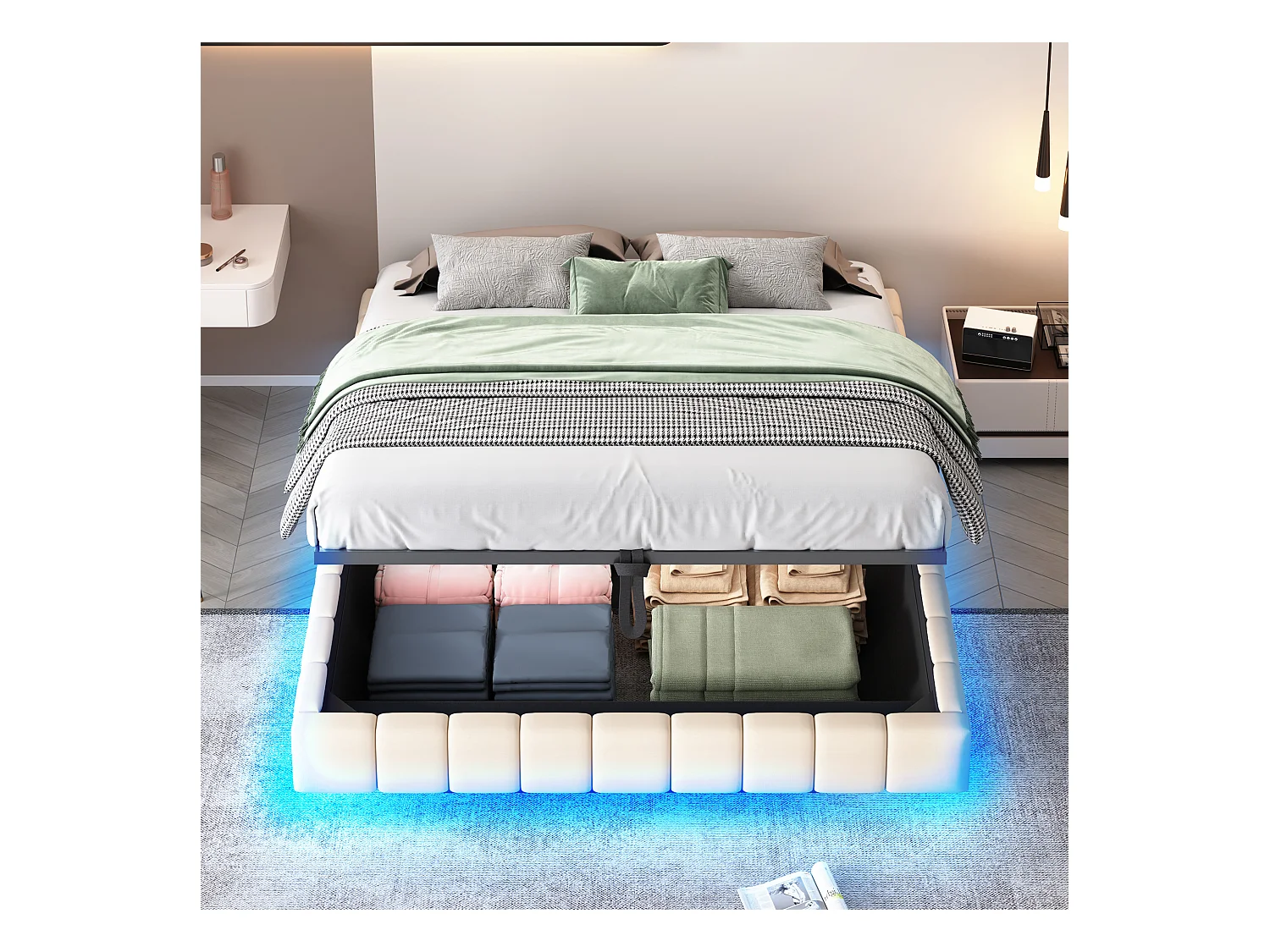 Lit coffre rembourré 160x200 cm - sans tête de lit - avec éclairage LED - lin - beige (matelas non inclus)