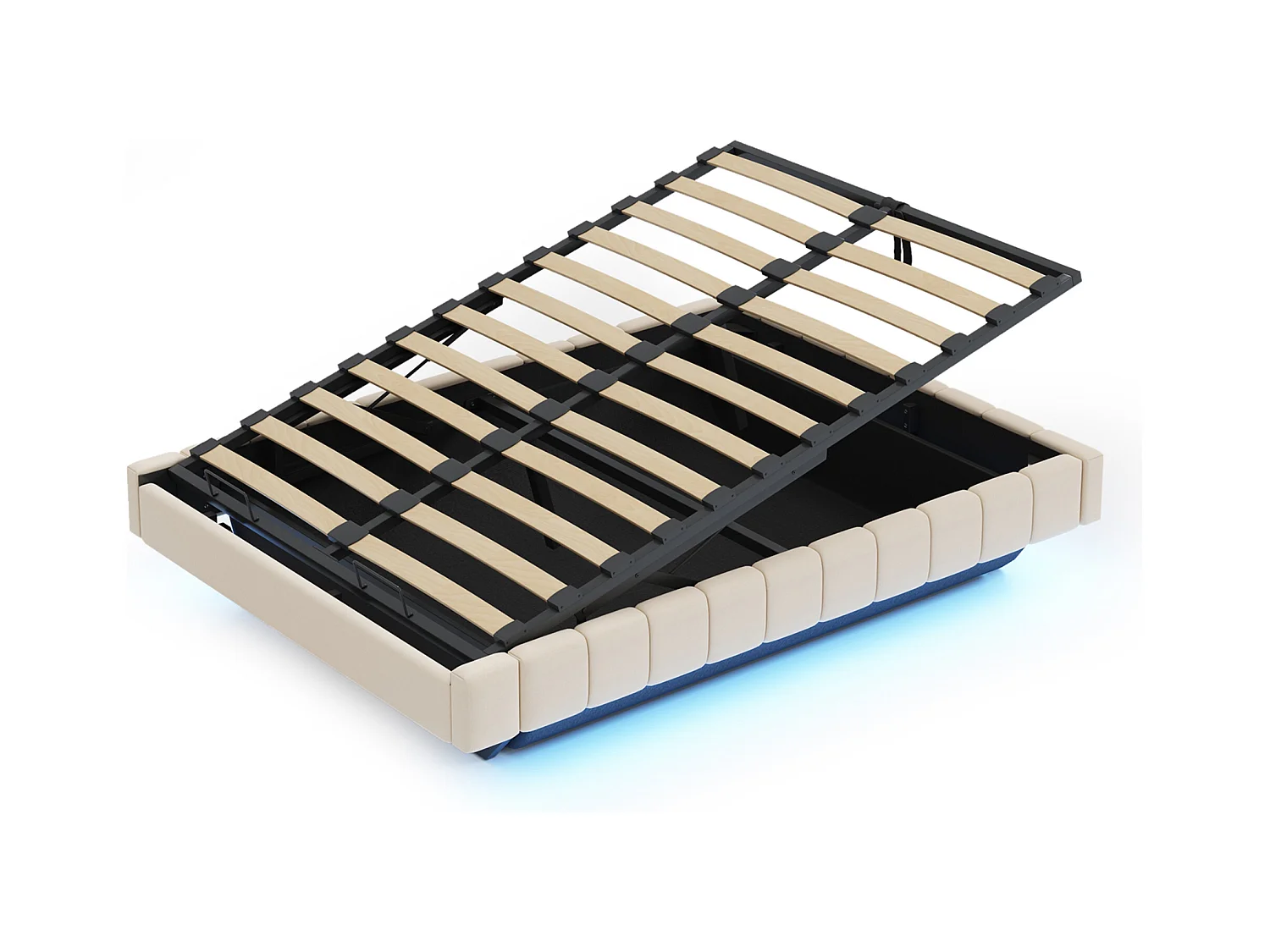 Lit coffre rembourré 160x200 cm - sans tête de lit - avec éclairage LED - lin - beige (matelas non inclus)