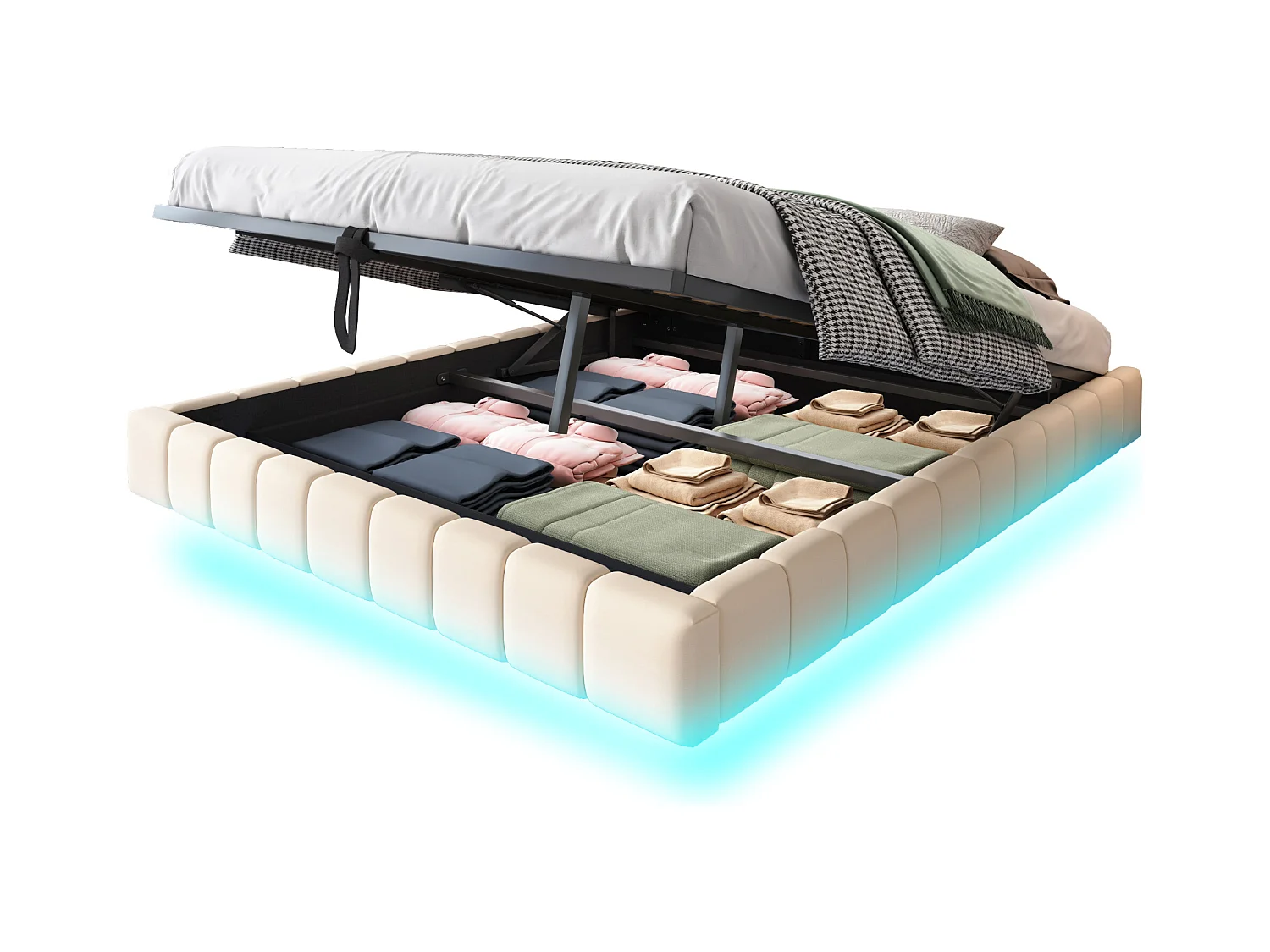 Lit coffre rembourré 160x200 cm - sans tête de lit - avec éclairage LED - lin - beige (matelas non inclus)