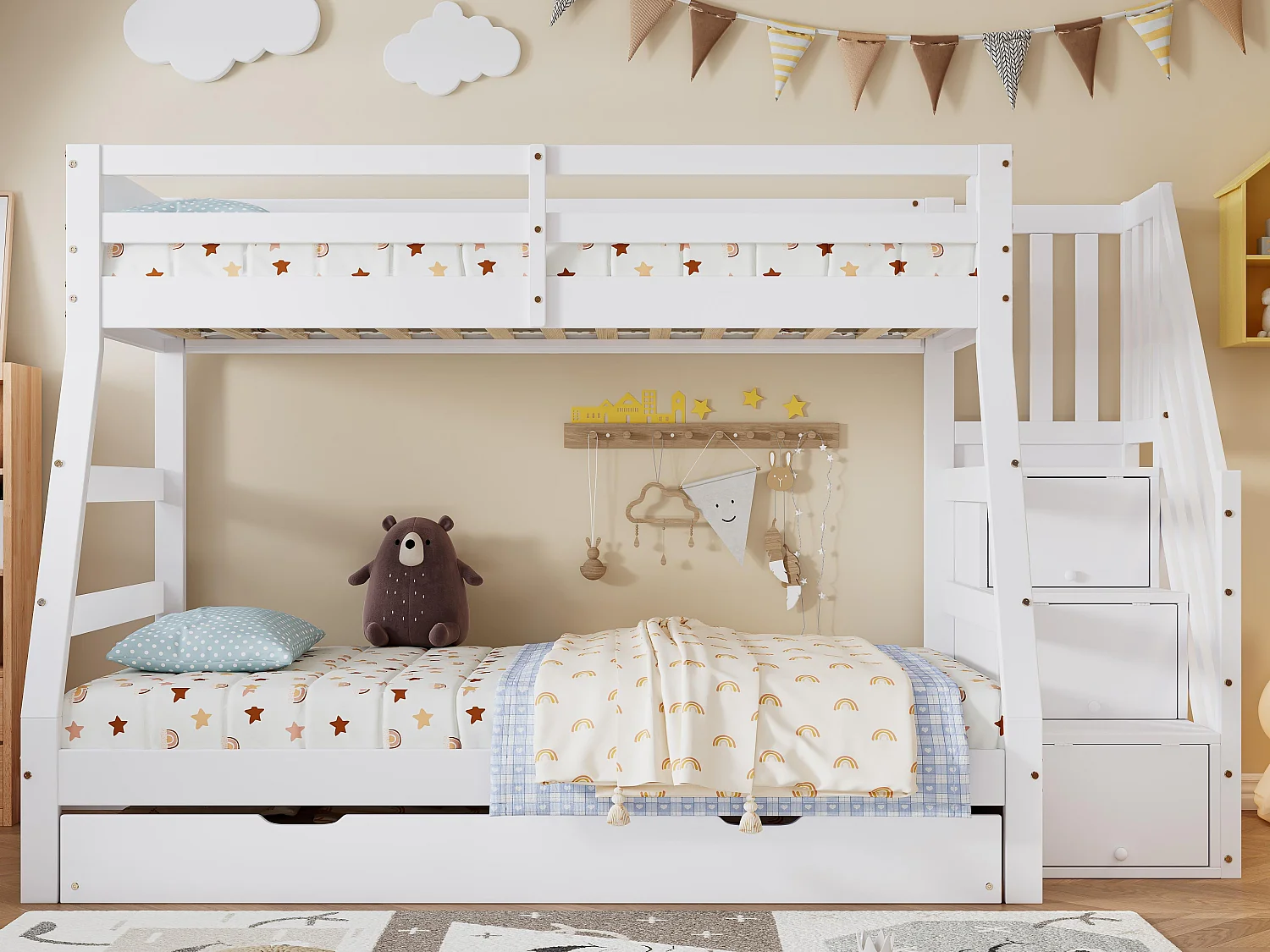 Cama beliche 90x200cm + 120x200cm - com cama ninho 90x190cm - madeira maciça - com escada de arrumação e guarda-corpo - branco