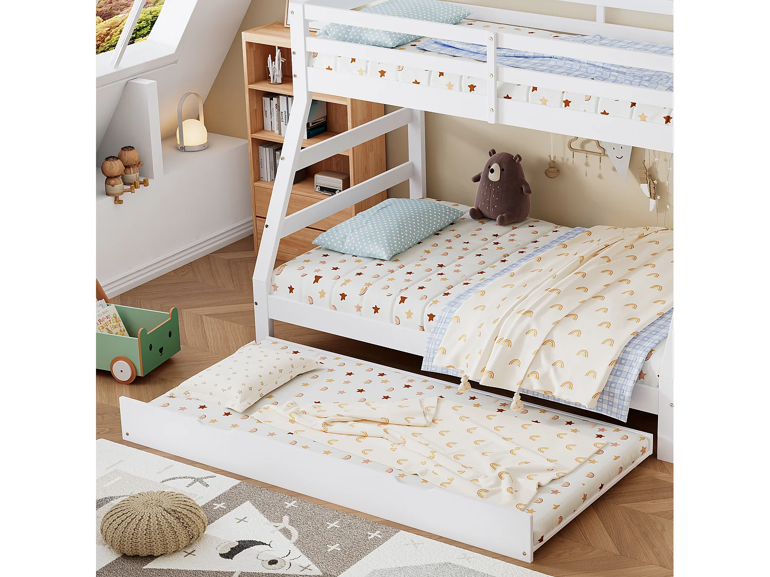 Cama beliche 90x200cm + 120x200cm - com cama ninho 90x190cm - madeira maciça - com escada de arrumação e guarda-corpo - branco