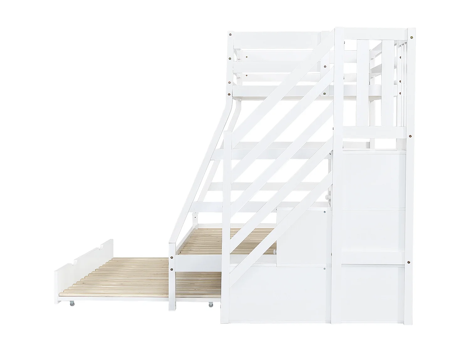 Cama beliche 90x200cm + 120x200cm - com cama ninho 90x190cm - madeira maciça - com escada de arrumação e guarda-corpo - branco