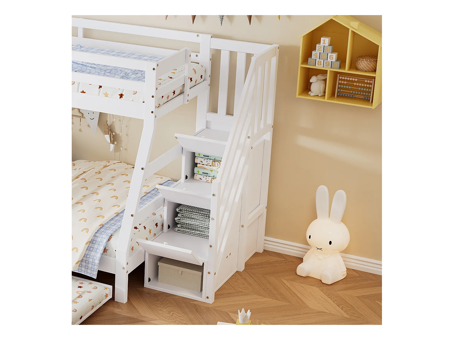 Łóżko piętrowe 90x200cm + 120x200cm - z łóżkiem wysuwanym 90x190cm - drewno lite - z drabiną i barierką - białe