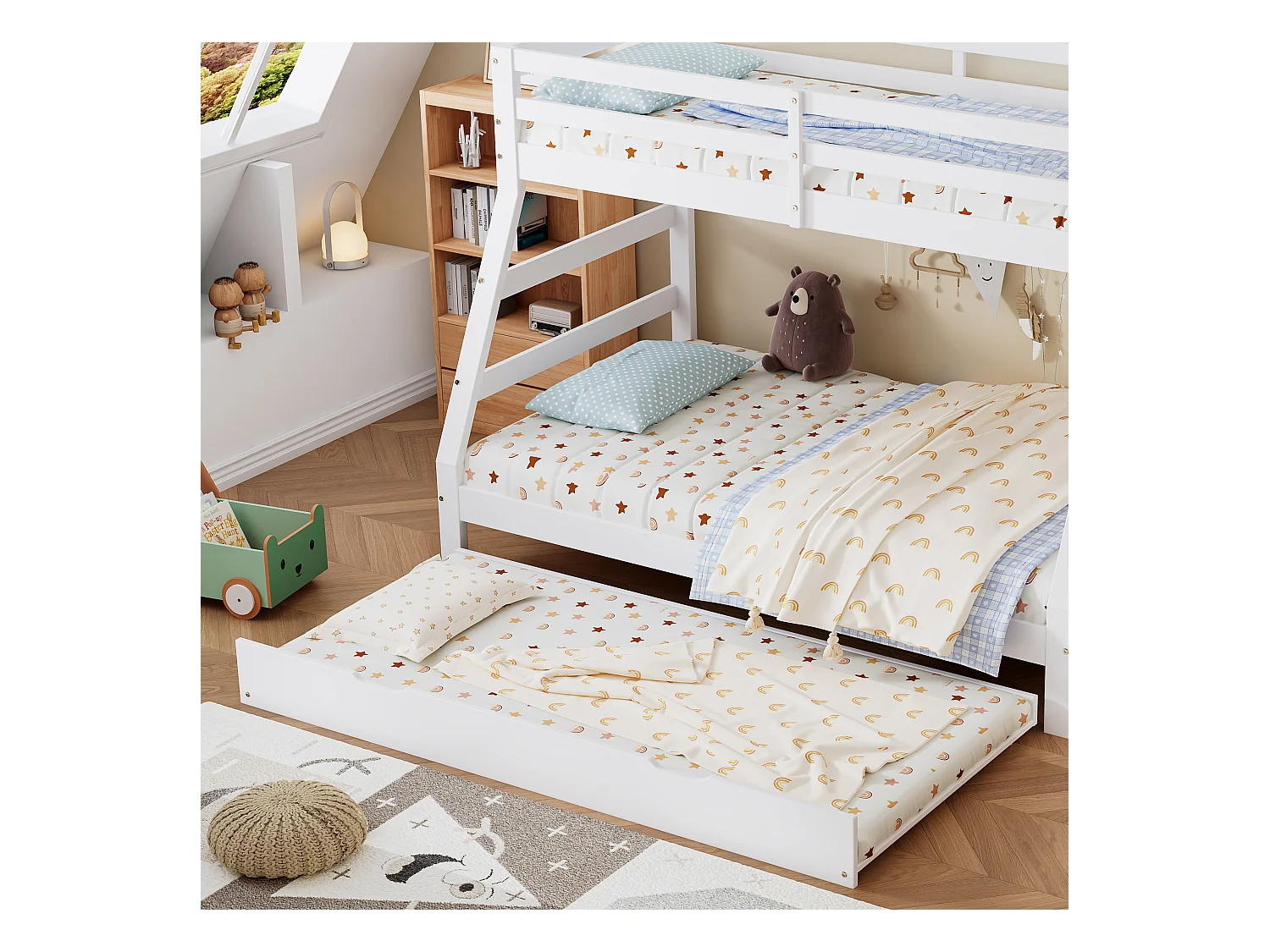 Łóżko piętrowe 90x200cm + 120x200cm - z łóżkiem wysuwanym 90x190cm - drewno lite - z drabiną i barierką - białe