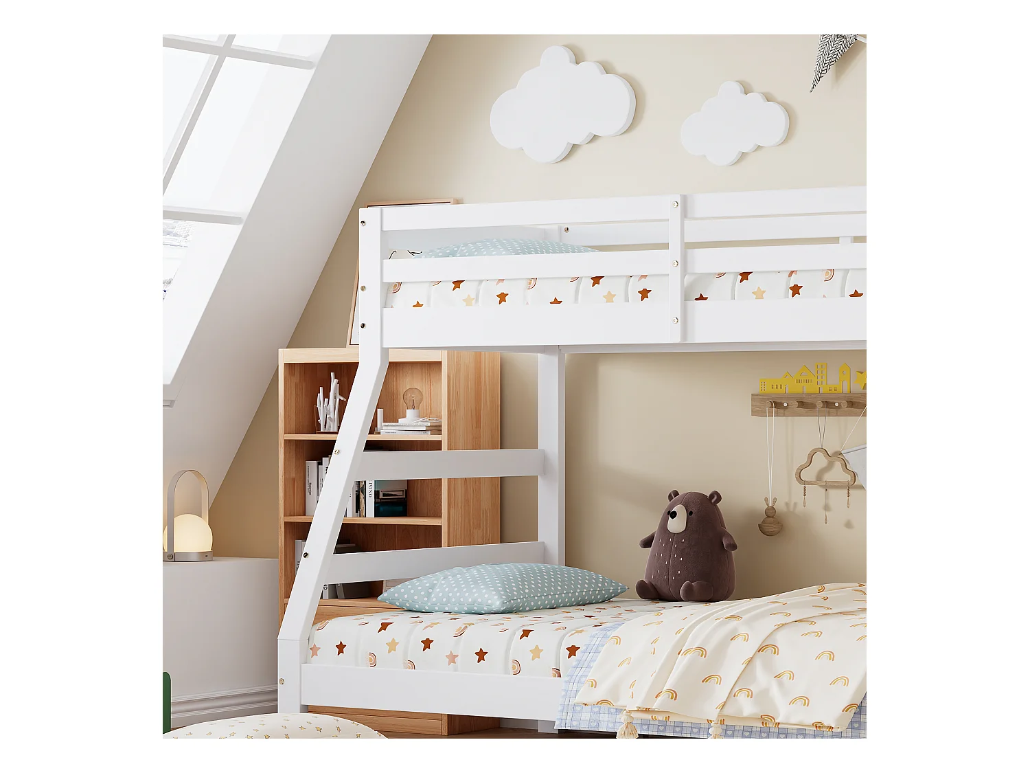 Łóżko piętrowe 90x200cm + 120x200cm - z łóżkiem wysuwanym 90x190cm - drewno lite - z drabiną i barierką - białe