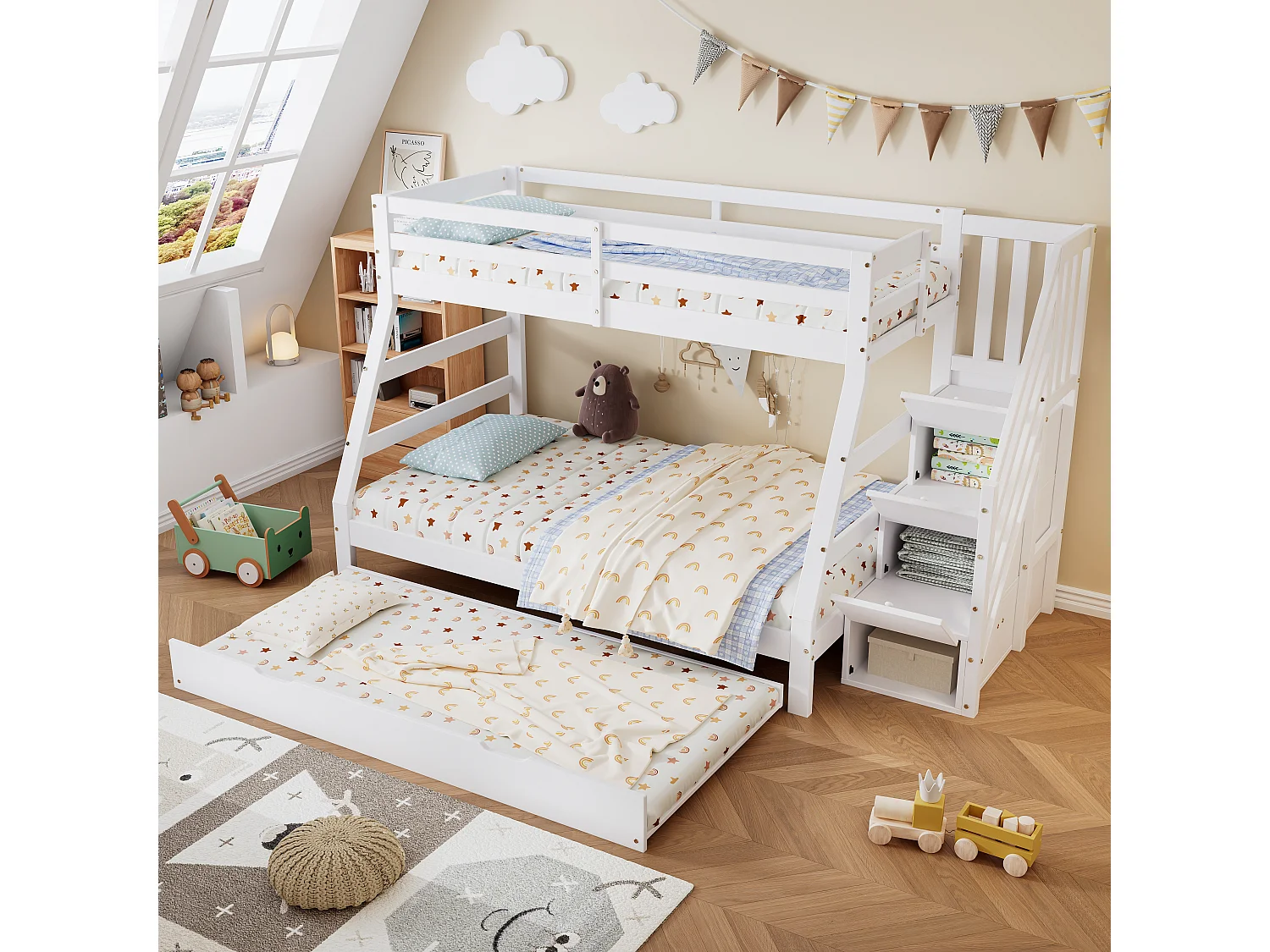 Cama beliche 90x200cm + 120x200cm - com cama ninho 90x190cm - madeira maciça - com escada de arrumação e guarda-corpo - branco