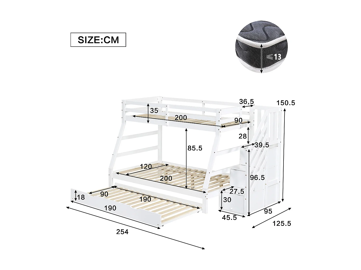 Cama beliche 90x200cm + 120x200cm - com cama ninho 90x190cm - madeira maciça - com escada de arrumação e guarda-corpo - branco