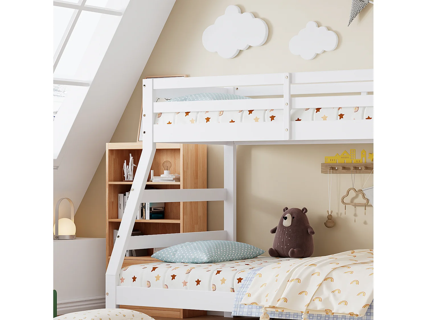 Cama beliche 90x200cm + 120x200cm - com cama ninho 90x190cm - madeira maciça - com escada de arrumação e guarda-corpo - branco