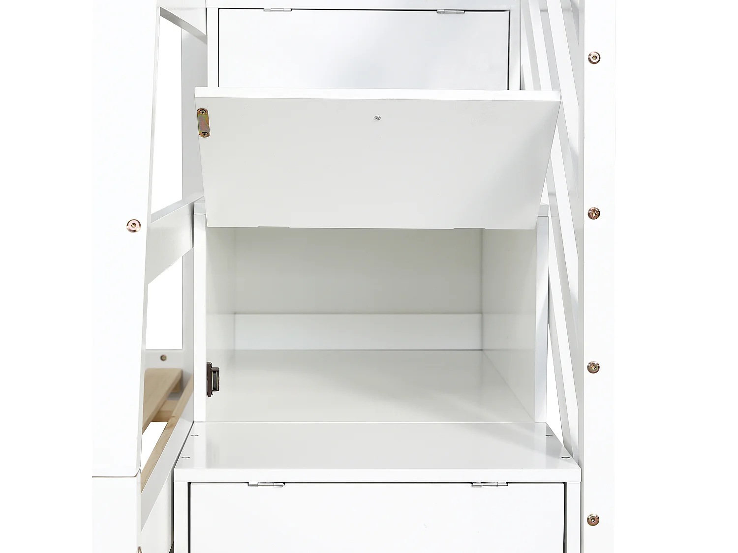 Cama beliche 90x200cm + 120x200cm - com cama ninho 90x190cm - madeira maciça - com escada de arrumação e guarda-corpo - branco