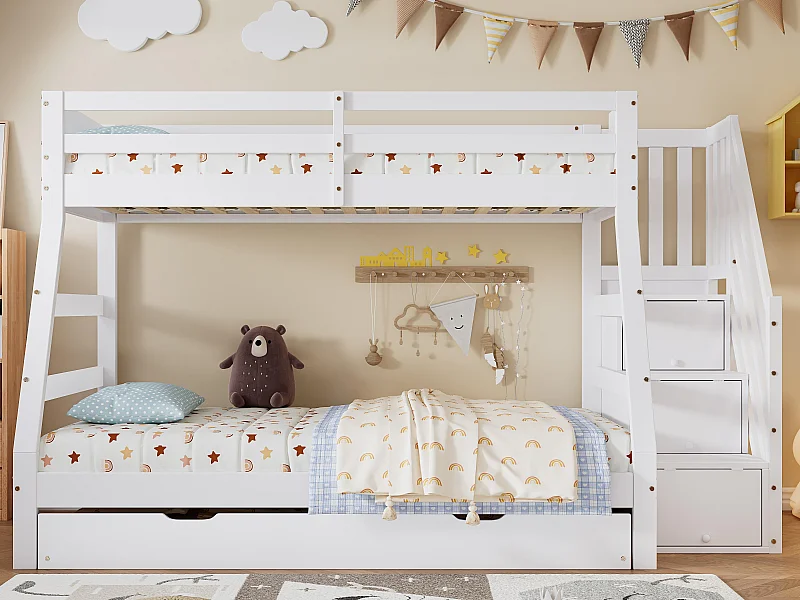 Łóżko piętrowe 90x200cm + 120x200cm - z łóżkiem wysuwanym 90x190cm - drewno lite - z drabiną i barierką - białe