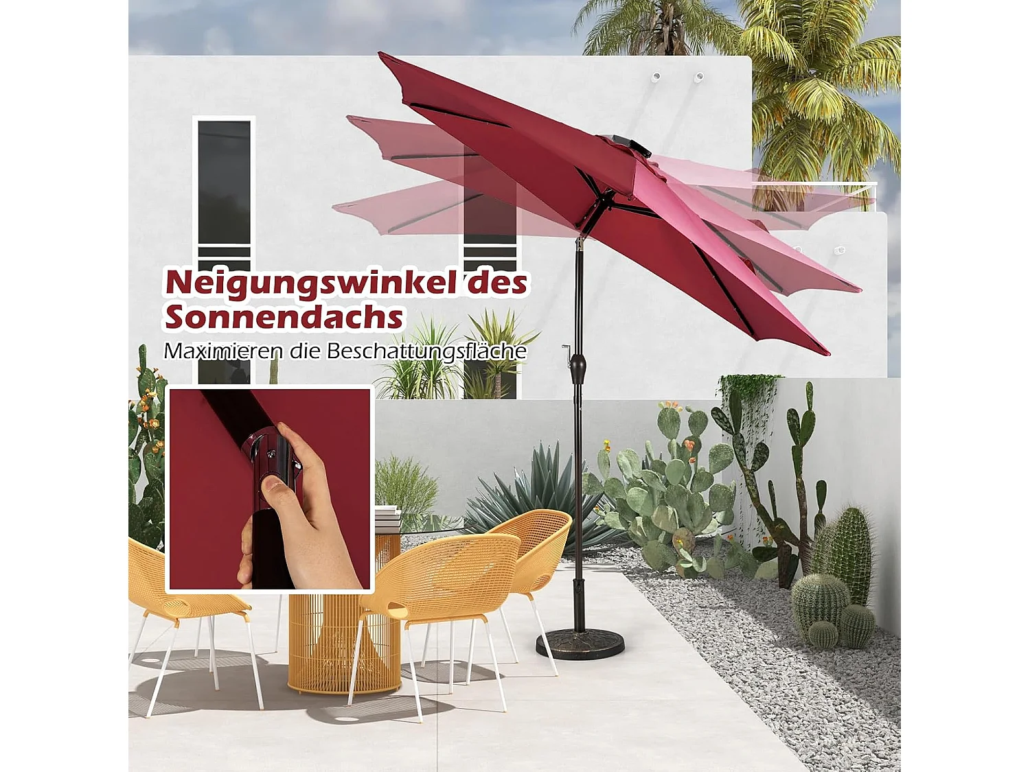 270 cm met led-verlichting, tuinparasol met zwengel, aan beide zijden 30° knikbaar, terrasparasol met 6 ribben, marktscherm voor tuin, balkon, terras, rood ZB33615