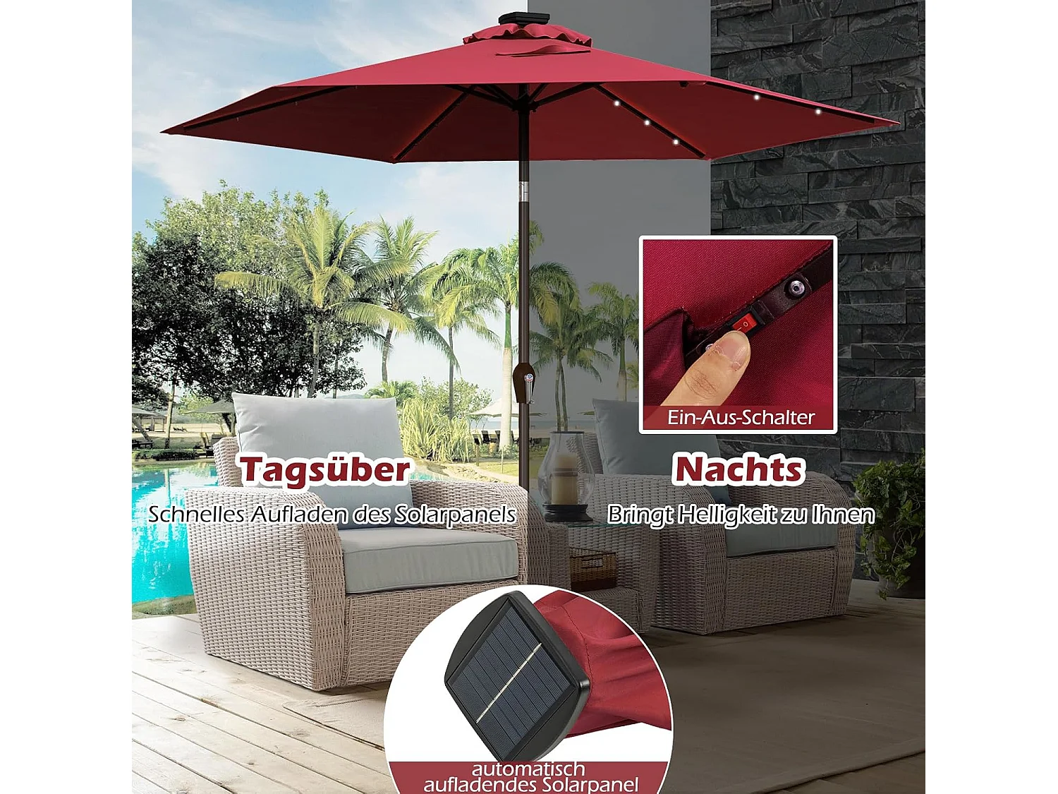 270 cm met led-verlichting, tuinparasol met zwengel, aan beide zijden 30° knikbaar, terrasparasol met 6 ribben, marktscherm voor tuin, balkon, terras, rood ZB33615