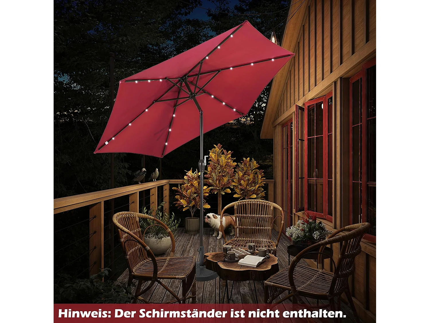 270 cm met led-verlichting, tuinparasol met zwengel, aan beide zijden 30° knikbaar, terrasparasol met 6 ribben, marktscherm voor tuin, balkon, terras, rood ZB33615