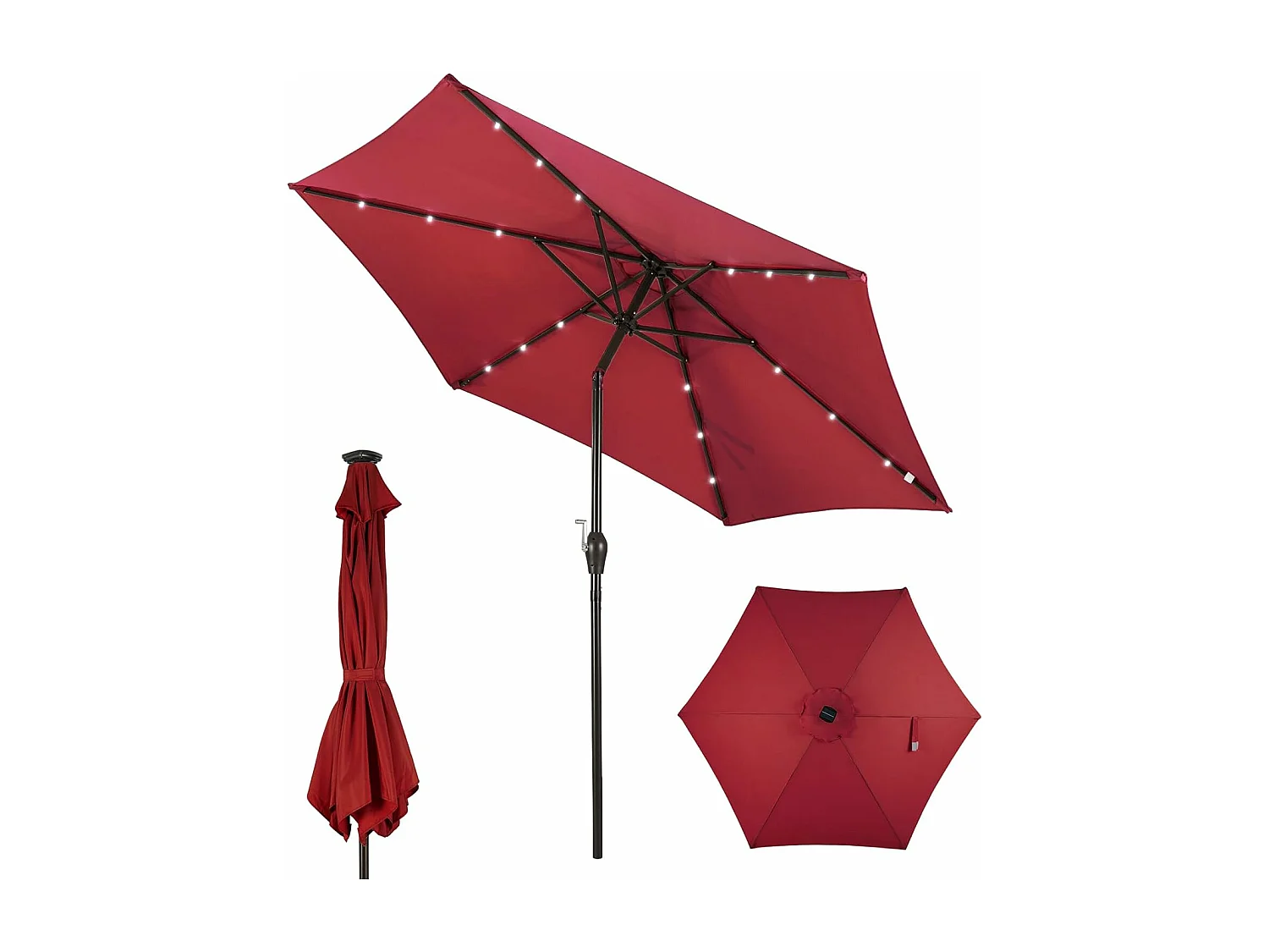 270 cm met led-verlichting, tuinparasol met zwengel, aan beide zijden 30° knikbaar, terrasparasol met 6 ribben, marktscherm voor tuin, balkon, terras, rood ZB33615